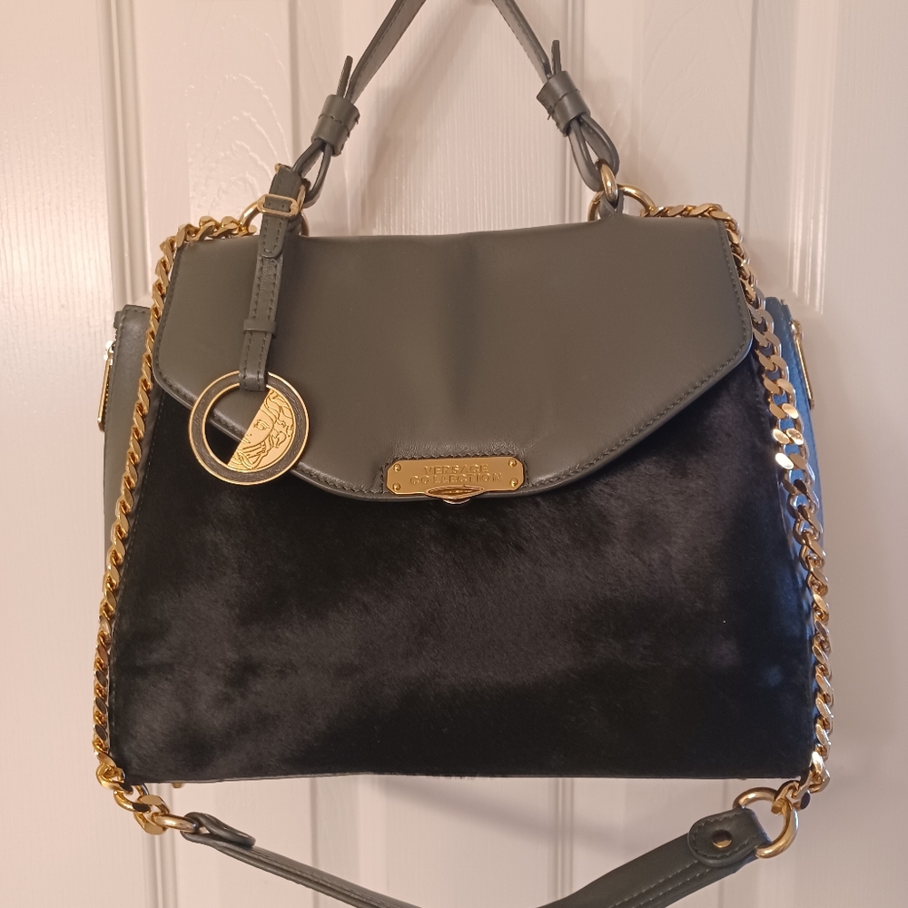 NWOT VERSACE COLLECTION DARK GREEN CALF LEATHER & PONY HAIR SATCHEL BAG $2,099